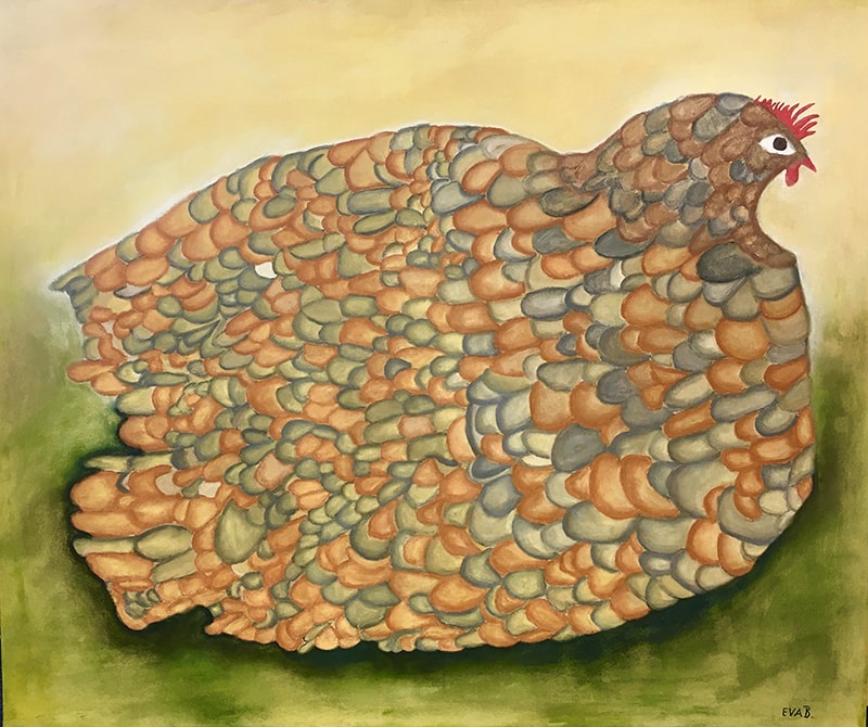 eine Henne, gezeichnet in Braun-Tönen vor grünem und sandfarbenem Hintergrund